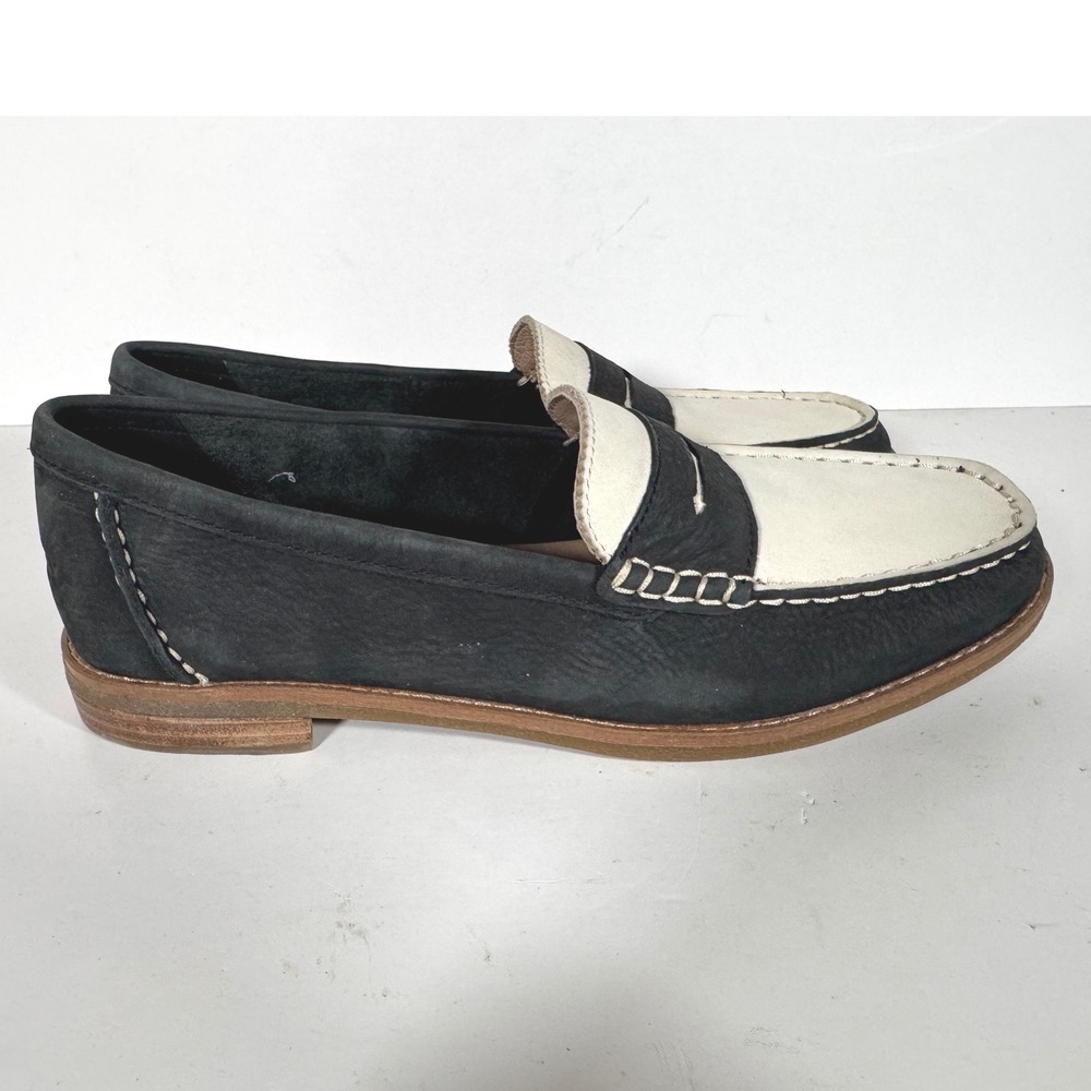 Sperry Seaport Penny Loafer Black Cream Leather Shoes Womens 8.5 Preppy Nautical - Picture 2 of 9